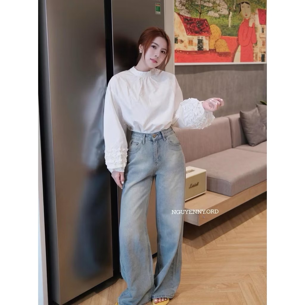 QNU681 - QUẦN JEANS SUÔNG XANH BẠC MÀI GỐI WgWe