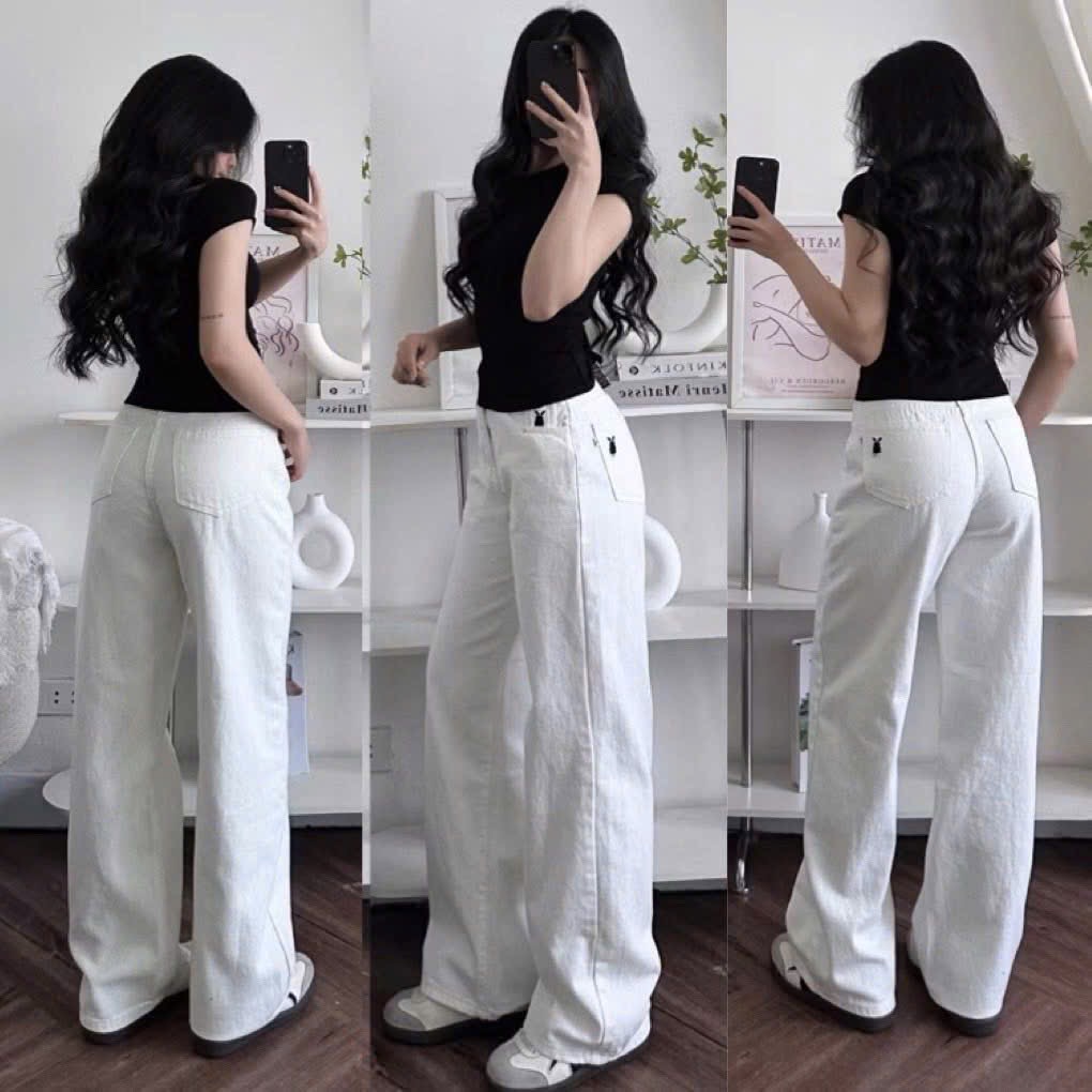 QNU686 - QUẦN JEANS NỮ SUÔNG TRẮNG THÊU THỎ