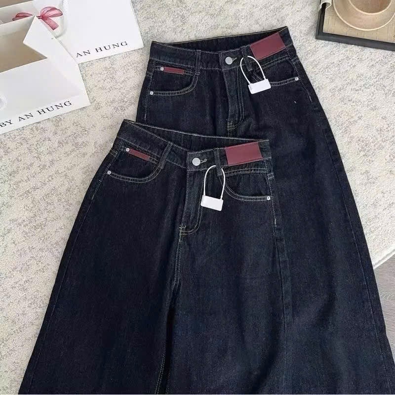 QNU695 - QUẦN JEANS SUÔNG XANH ĐẬM GẤU TO CẠP ĐỎ