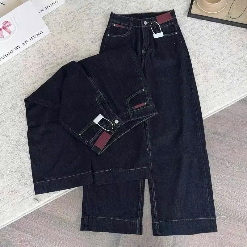 QNU695 - QUẦN JEANS SUÔNG XANH ĐẬM GẤU TO CẠP ĐỎ