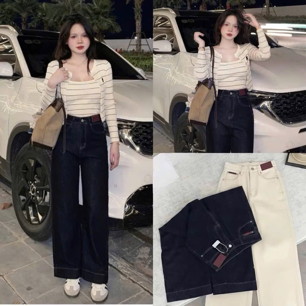 QNU695 - QUẦN JEANS SUÔNG XANH ĐẬM GẤU TO CẠP ĐỎ