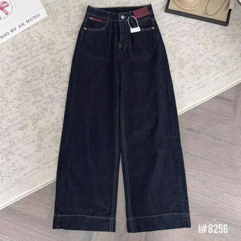 QNU695 - QUẦN JEANS SUÔNG XANH ĐẬM GẤU TO CẠP ĐỎ