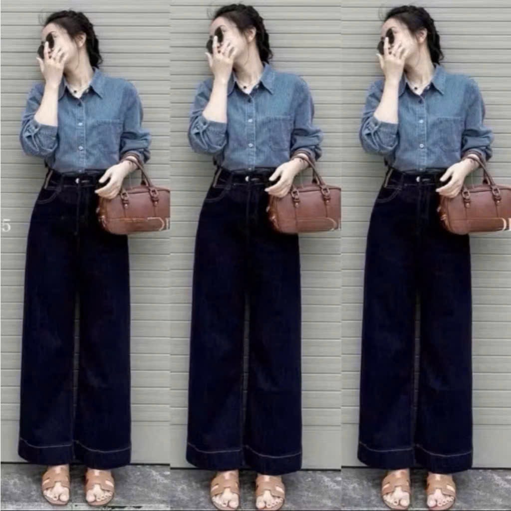 QNU695 - QUẦN JEANS SUÔNG XANH ĐẬM GẤU TO CẠP ĐỎ
