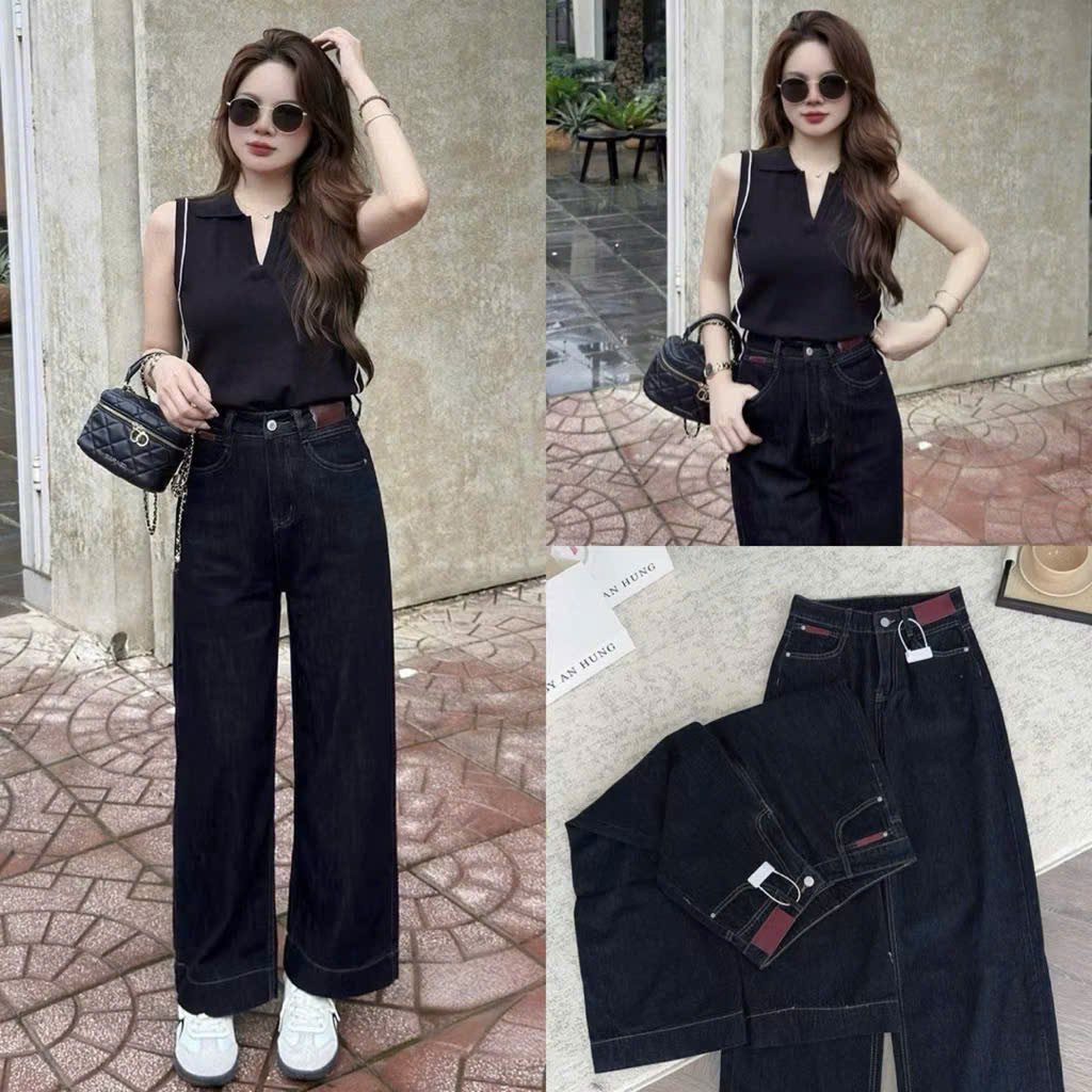 QNU695 - QUẦN JEANS SUÔNG XANH ĐẬM GẤU TO CẠP ĐỎ