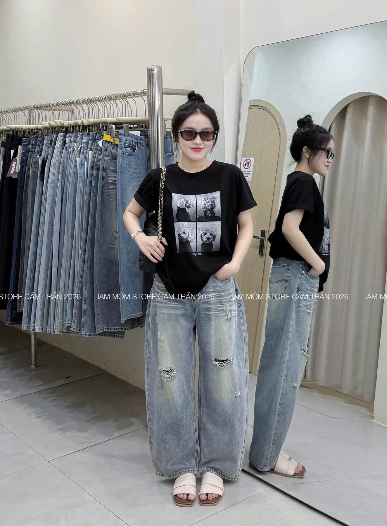 QNU710 - QUẦN JEANS SUÔNG XANH WASH RÁCH GỐI M3841