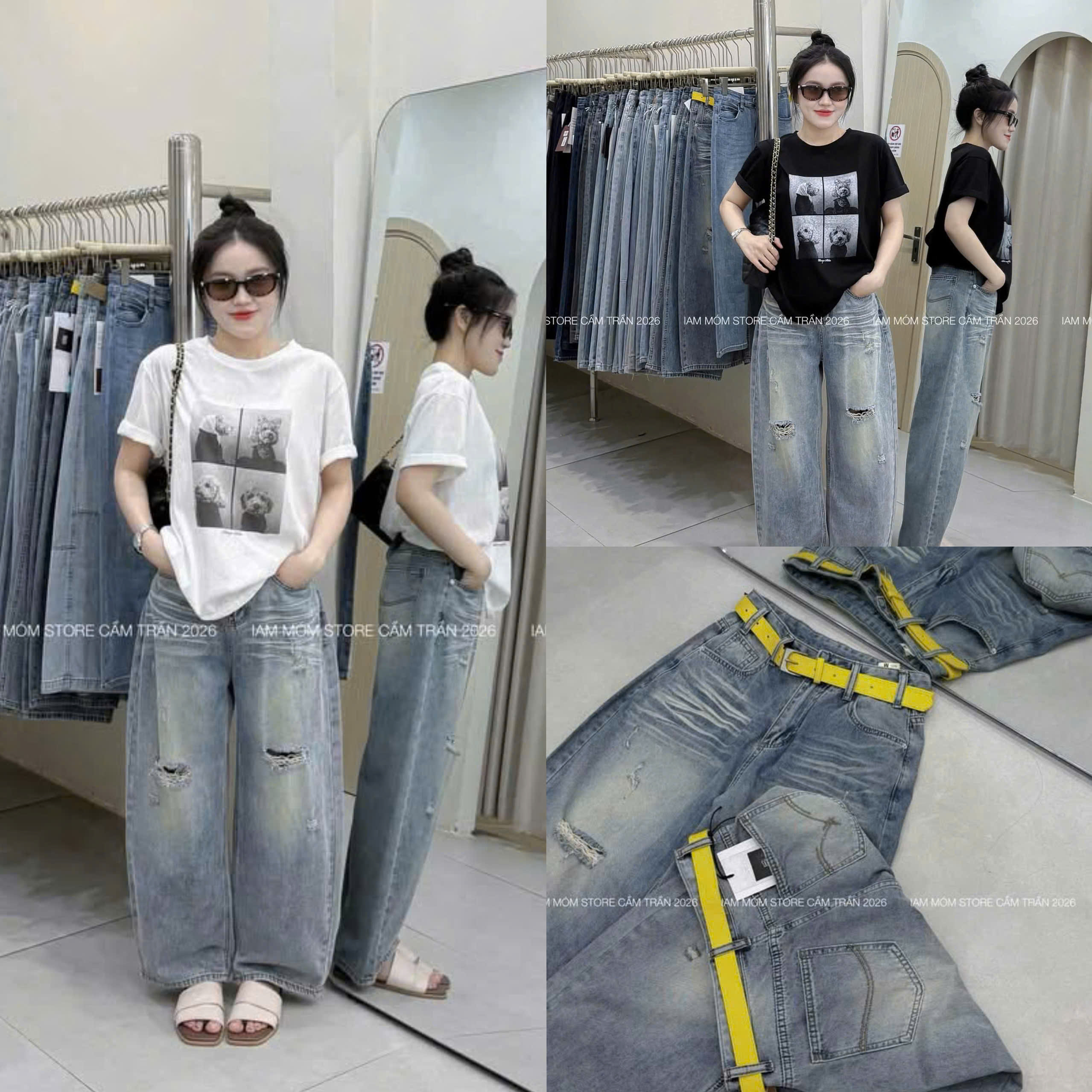 QNU710 - QUẦN JEANS SUÔNG XANH WASH RÁCH GỐI M3841