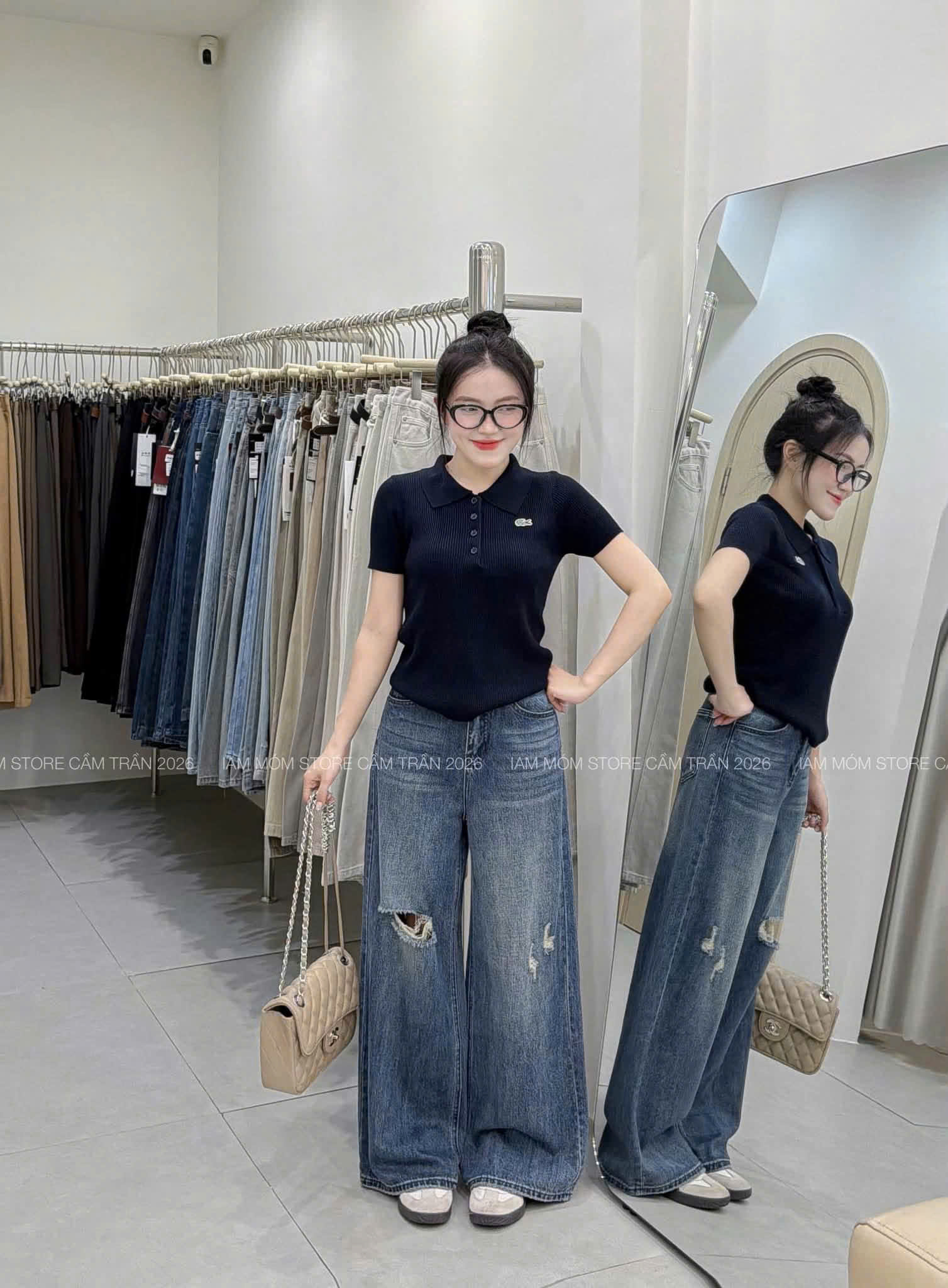 QNU716 - QUẦN JEANS SUÔNG XANH RÁCH GỐI M393