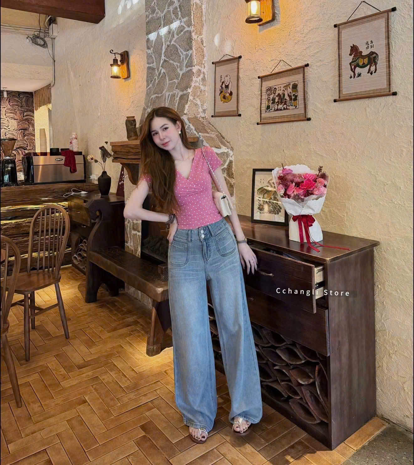 QNU717 - QUẦN JEANS SUÔNG XANH 2 TÚI TRÒN TRƯỚC M9087