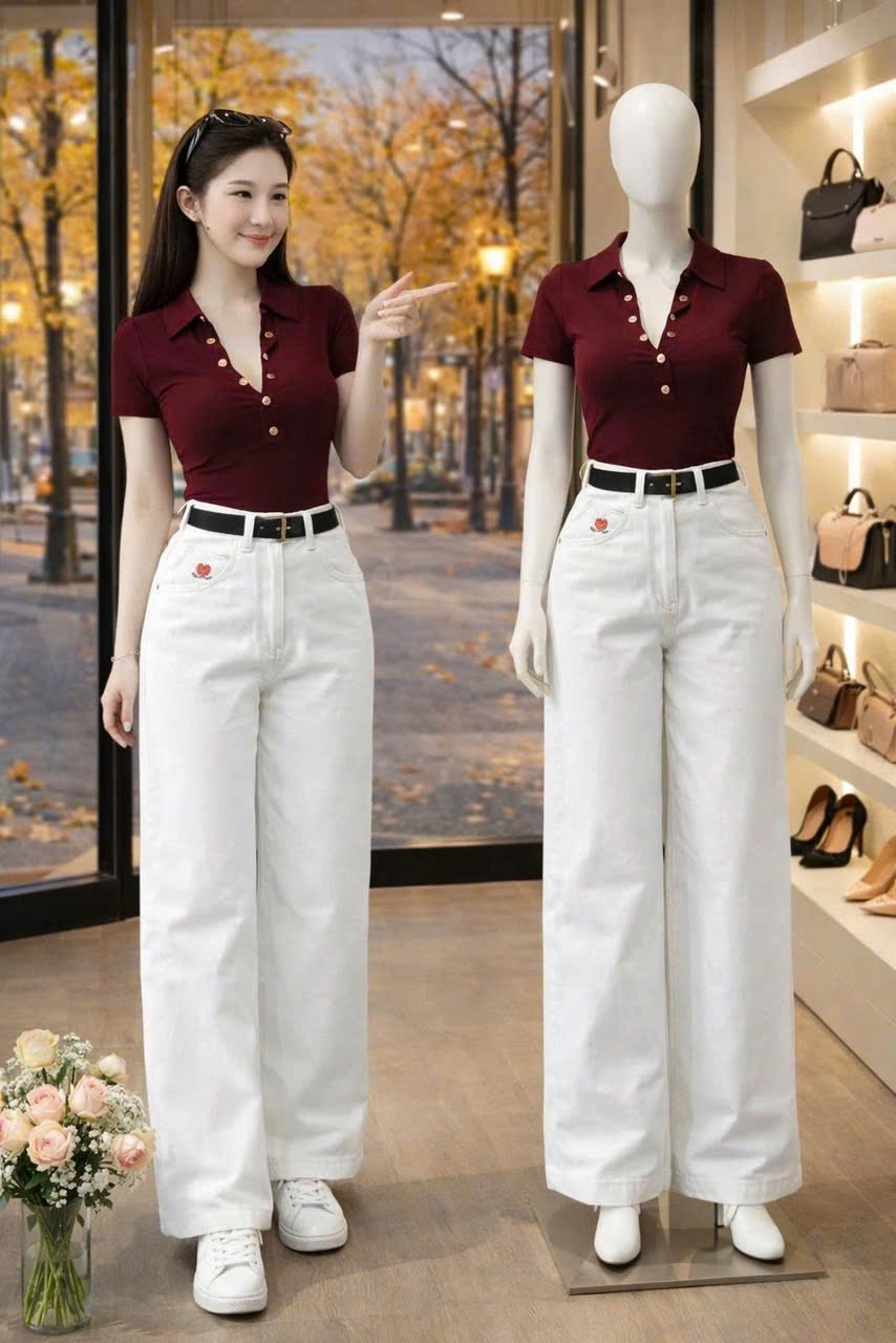 S291 - SET NỮ ÁO POLO ĐỎ CÚC V QUẦN BÒ TRẮNG THÊU