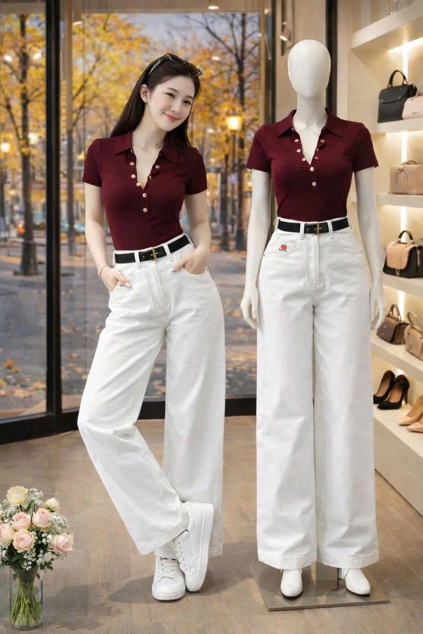 S291 - SET NỮ ÁO POLO ĐỎ CÚC V QUẦN BÒ TRẮNG THÊU