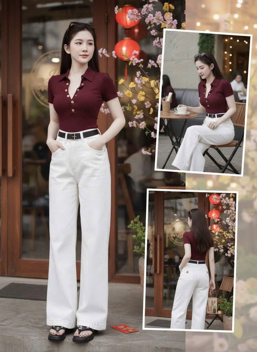 S291 - SET NỮ ÁO POLO ĐỎ CÚC V QUẦN BÒ TRẮNG THÊU