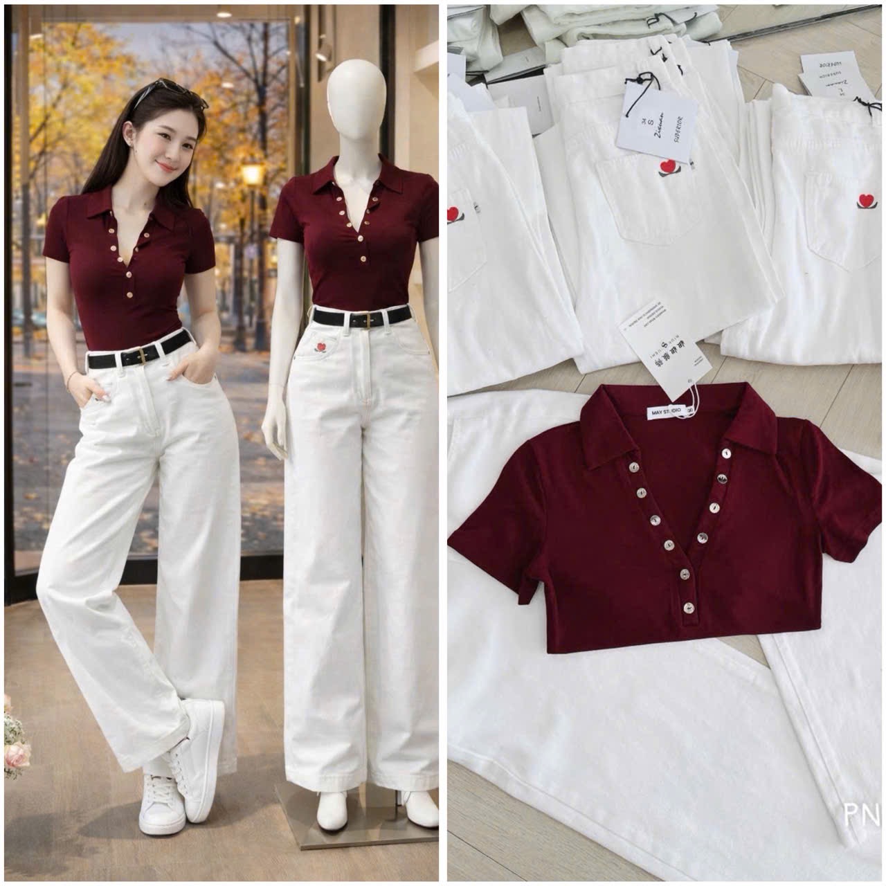 S291 - SET NỮ ÁO POLO ĐỎ CÚC V QUẦN BÒ TRẮNG THÊU