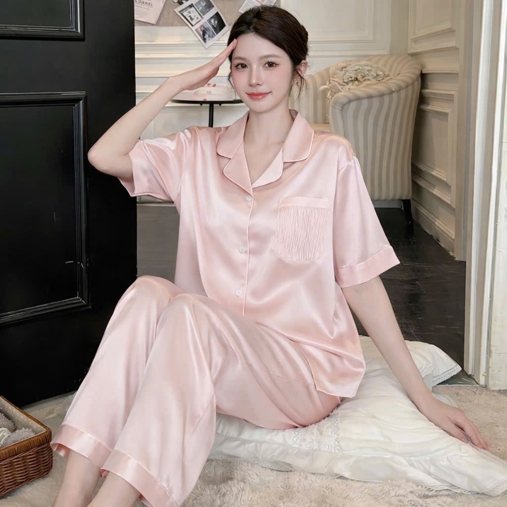 S292 - BỘ PYJAMA NỮ ÁO CỘC TÚI VÂN QUẦN DÀI