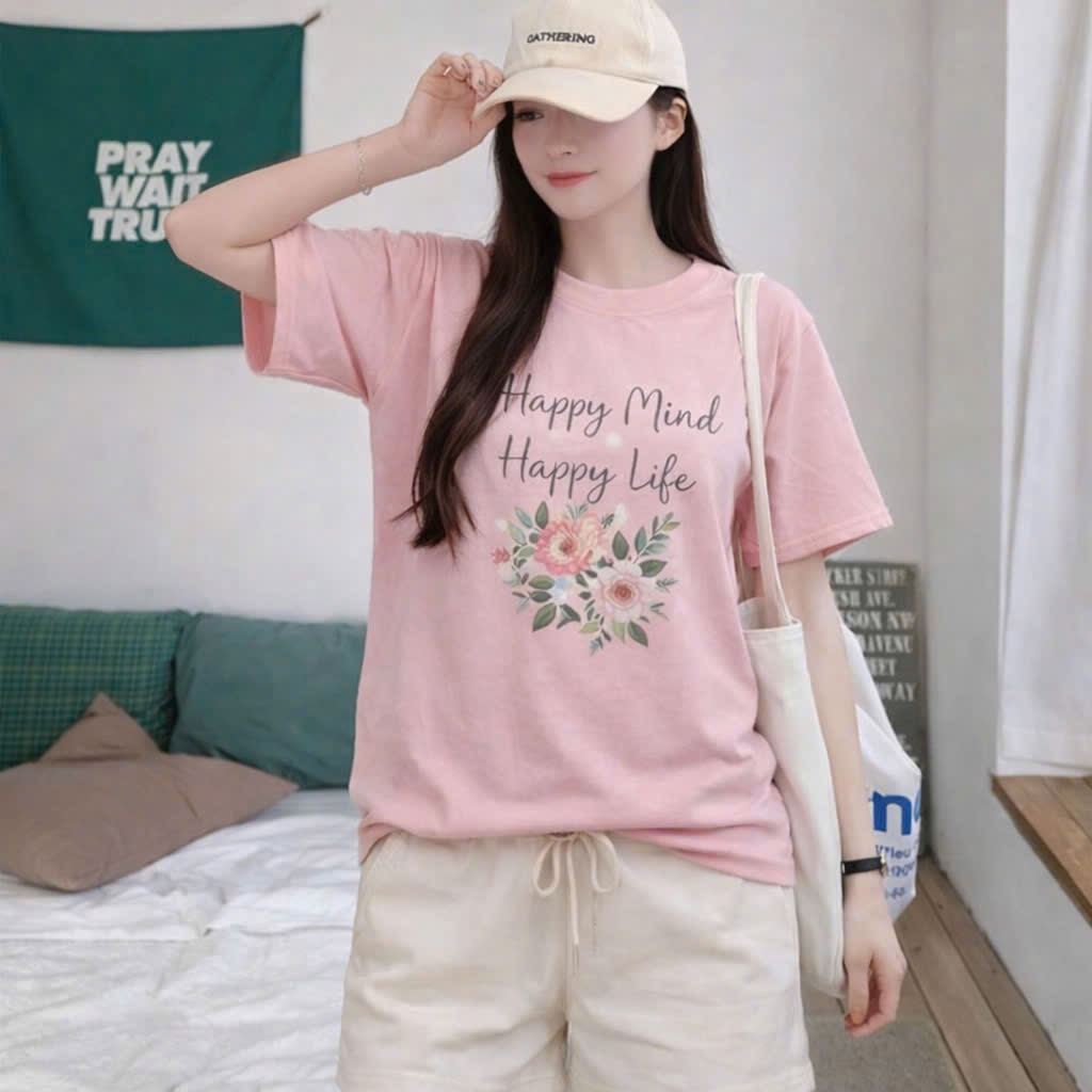 S299 - BỘ ĐÙI NỮ ÁO HỒNG HOA HAPPY LIFE QUẦN BE