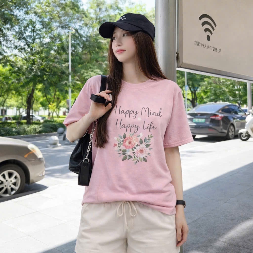 S299 - BỘ ĐÙI NỮ ÁO HỒNG HOA HAPPY LIFE QUẦN BE