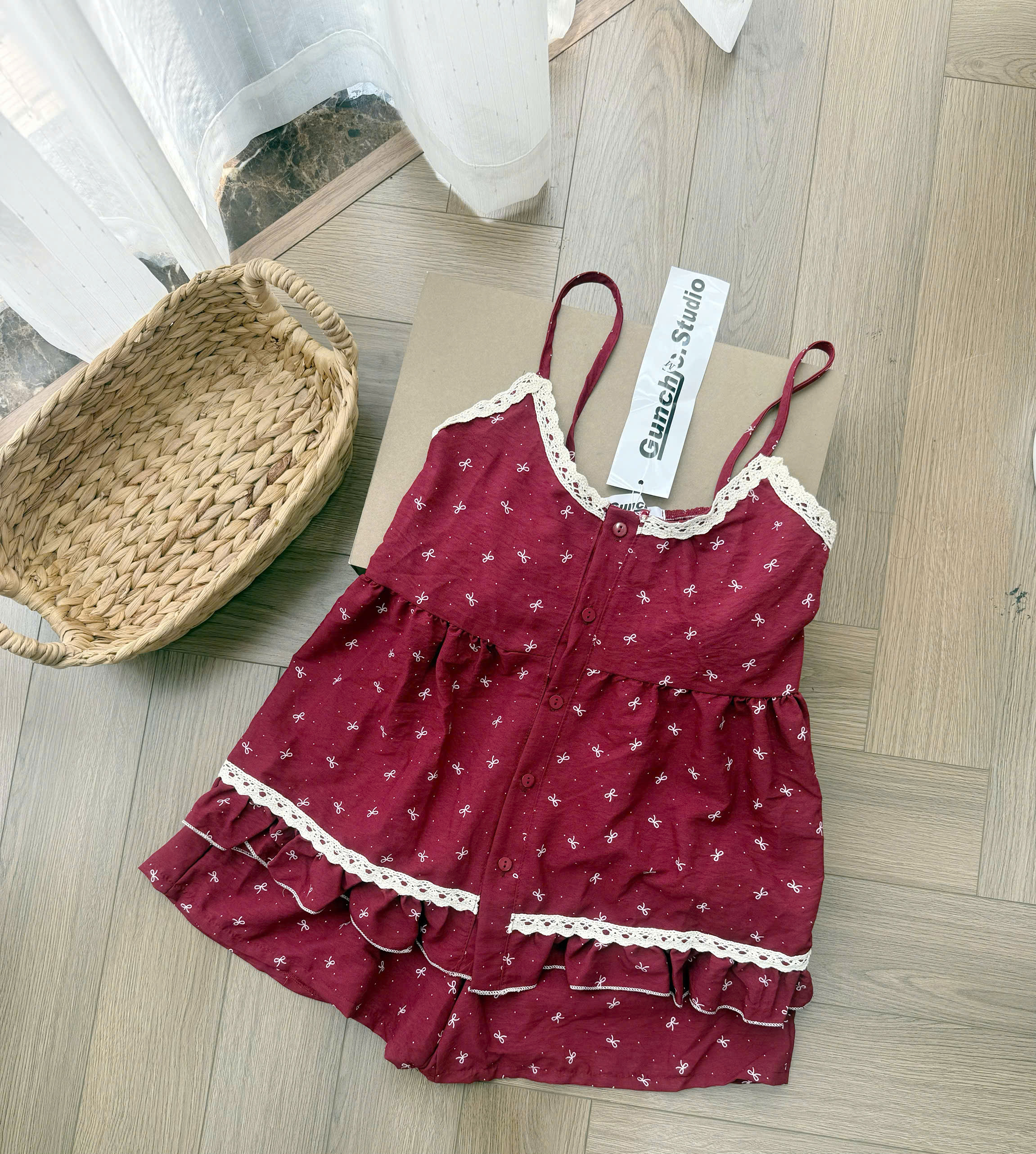 S338 - BỘ ĐŨI NỮ 2S ĐỎ NƠ PHỐI REN