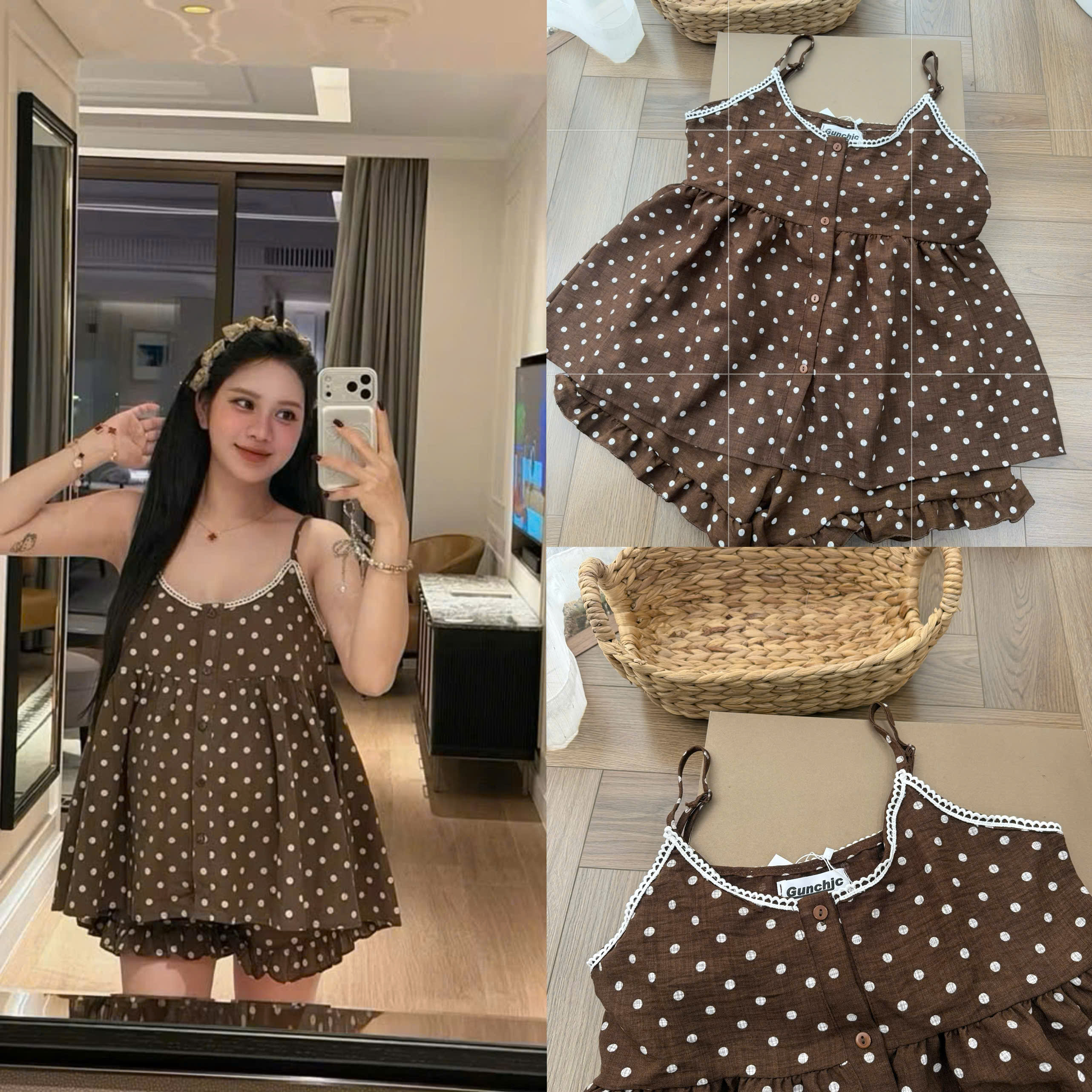 S344 - BỘ ĐŨI NÂU CHẤM BI 2S VIỀN REN TRẮNG