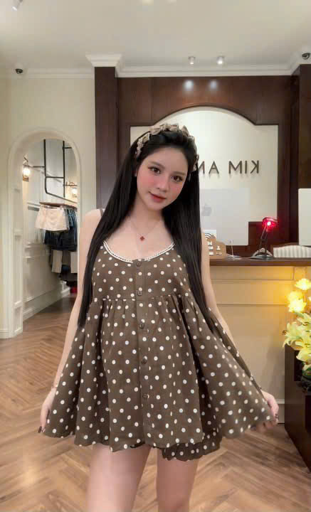 S344 - BỘ ĐŨI NÂU CHẤM BI 2S VIỀN REN TRẮNG