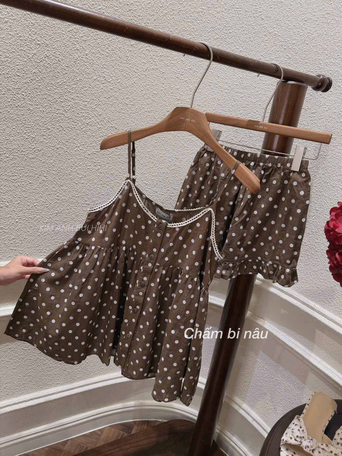 S344 - BỘ ĐŨI NÂU CHẤM BI 2S VIỀN REN TRẮNG