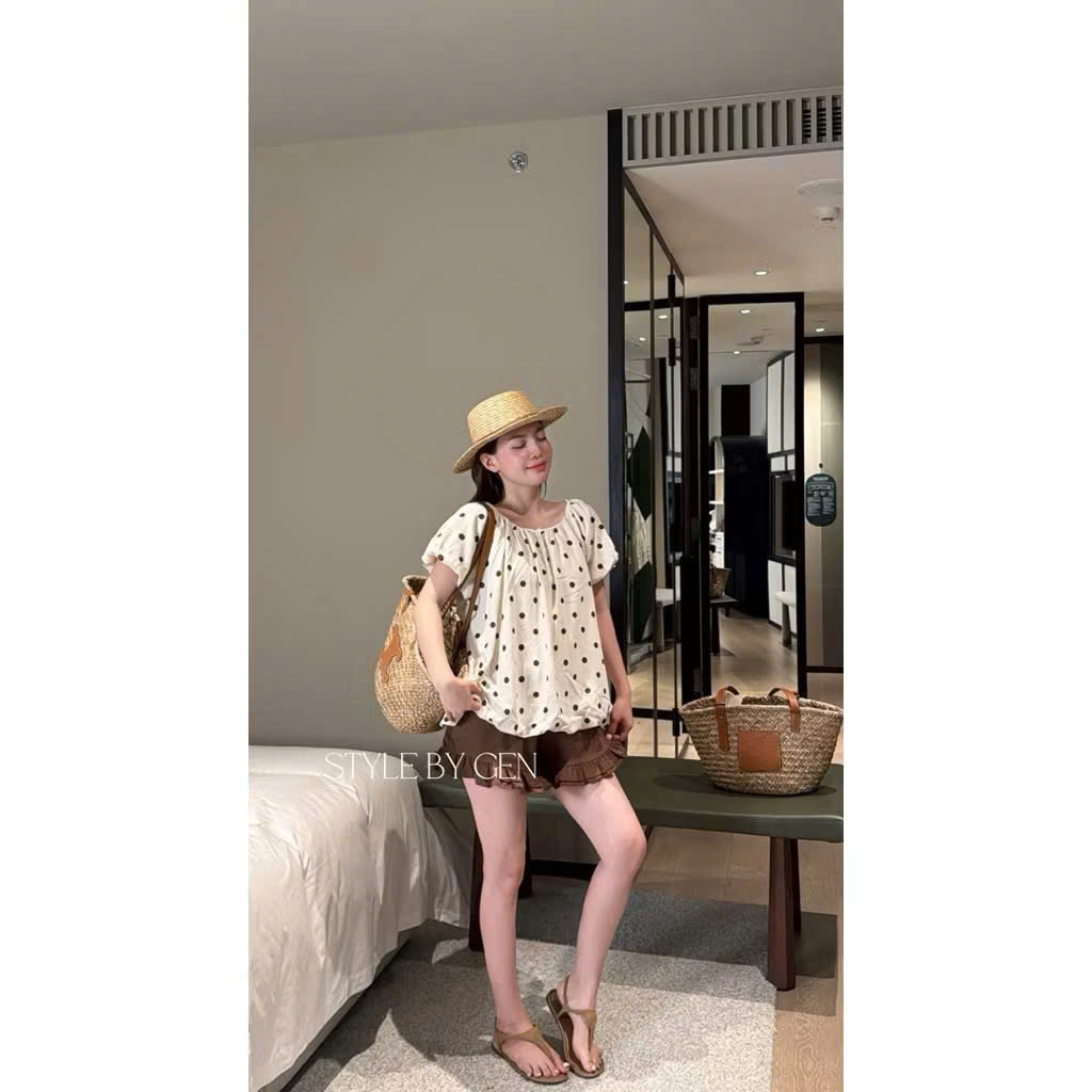 S346 - SET ĐÔI MẸ BÉ ÁO CHẤM BI QUẦN NÂU BÈO