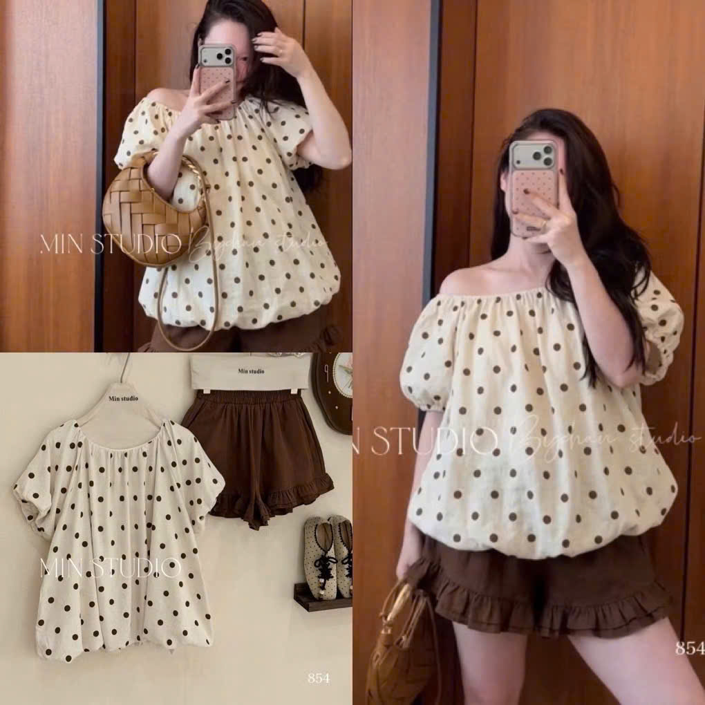 S346 - SET ĐÔI MẸ BÉ ÁO CHẤM BI QUẦN NÂU BÈO