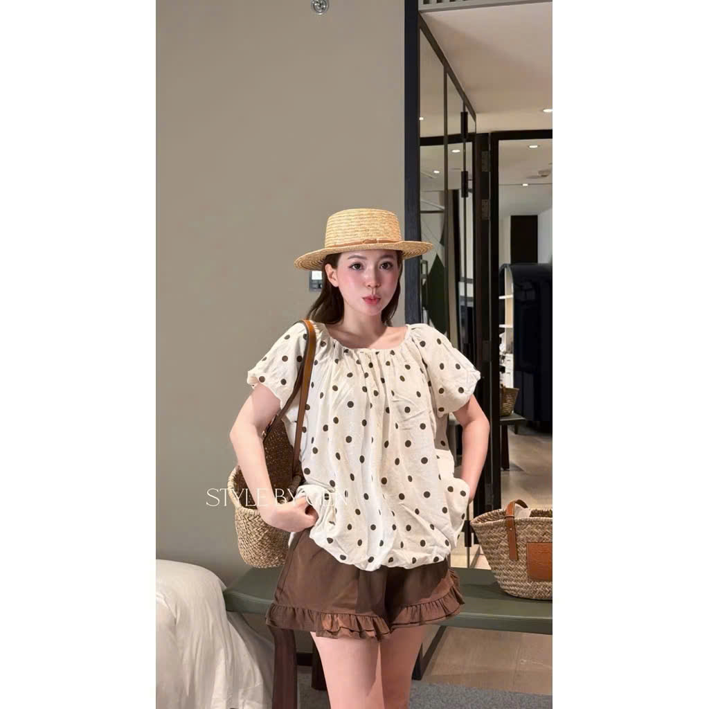 S346 - SET ĐÔI MẸ BÉ ÁO CHẤM BI QUẦN NÂU BÈO