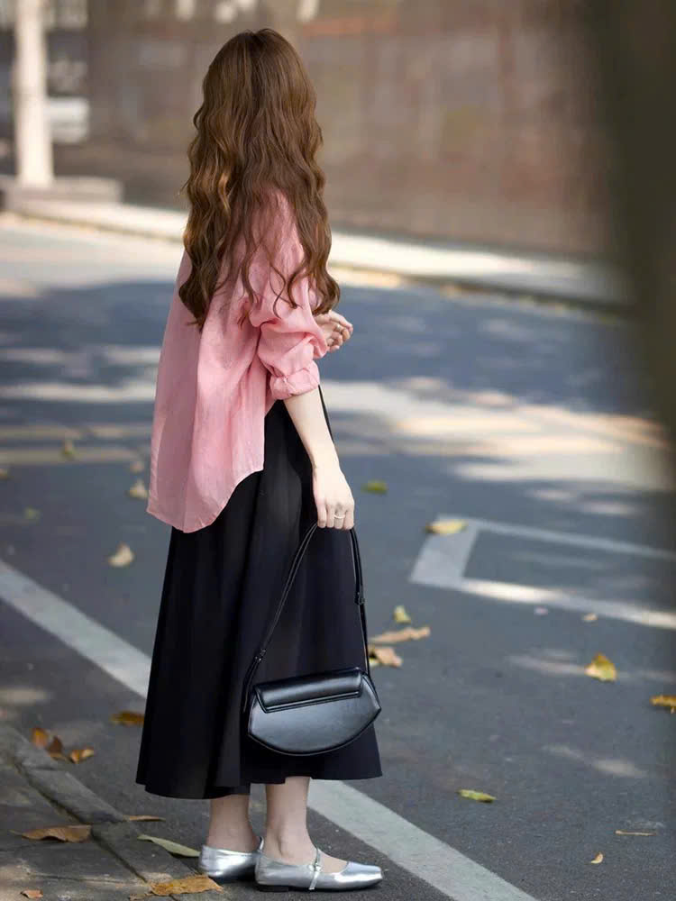S347 - SET ÁO SƠ MI NỮ HỒNG MIX VÁY ĐEN 2S