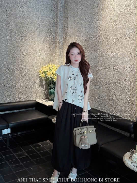 S353 - SET NỮ ÁO TRẮNG HỌA TIẾT ĐEN QUẦN SUÔNG