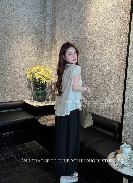 S353 - SET NỮ ÁO TRẮNG HỌA TIẾT ĐEN QUẦN SUÔNG