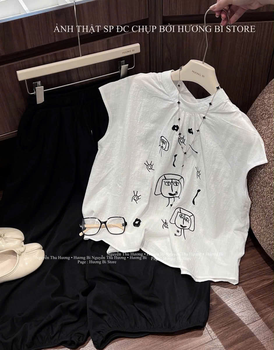 S353 - SET NỮ ÁO TRẮNG HỌA TIẾT ĐEN QUẦN SUÔNG