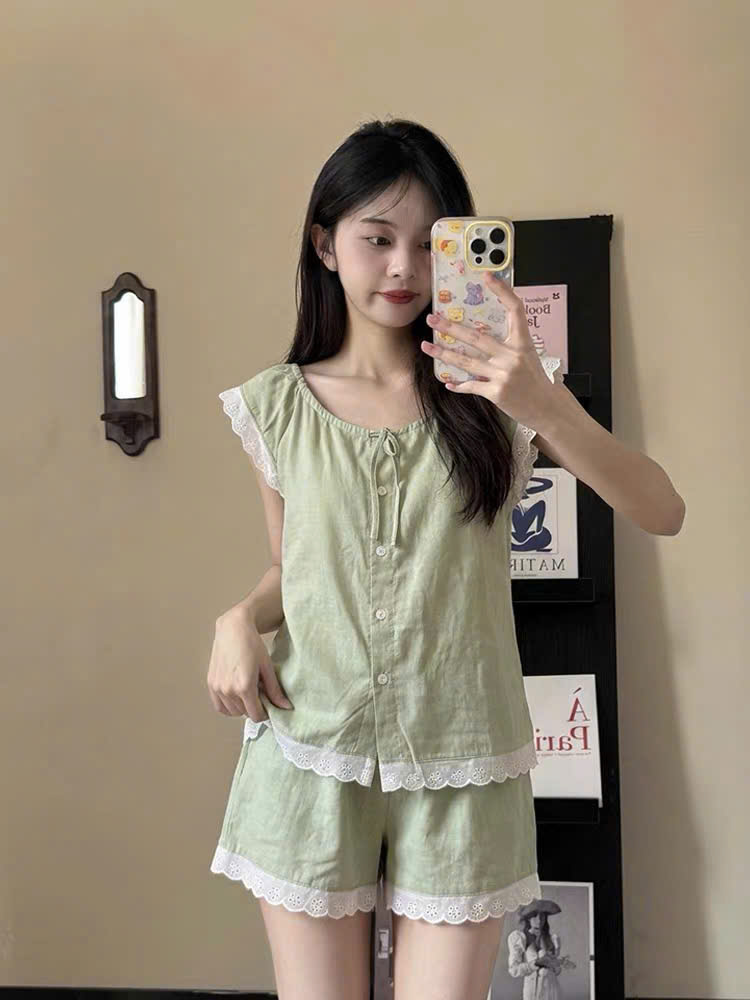 S361 - BỘ ĐÙI NỮ CÀI CÚC XANH CỐM PHỐI REN TRẮNG