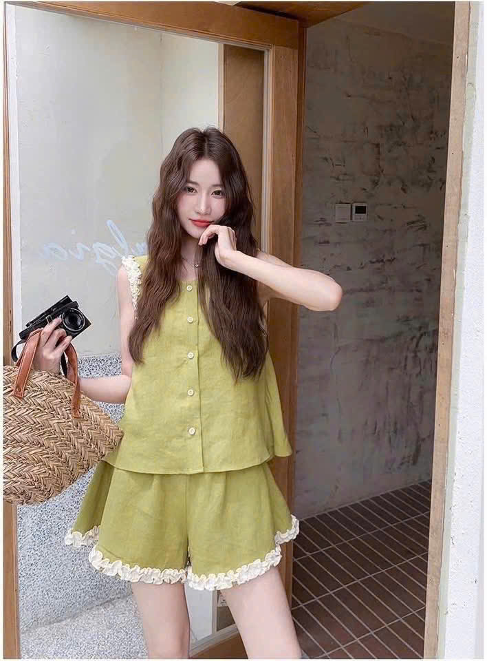 S363 - BỘ ĐŨI NỮ XANH CỐM PHỐI REN TRẮNG SÁT NÁCH