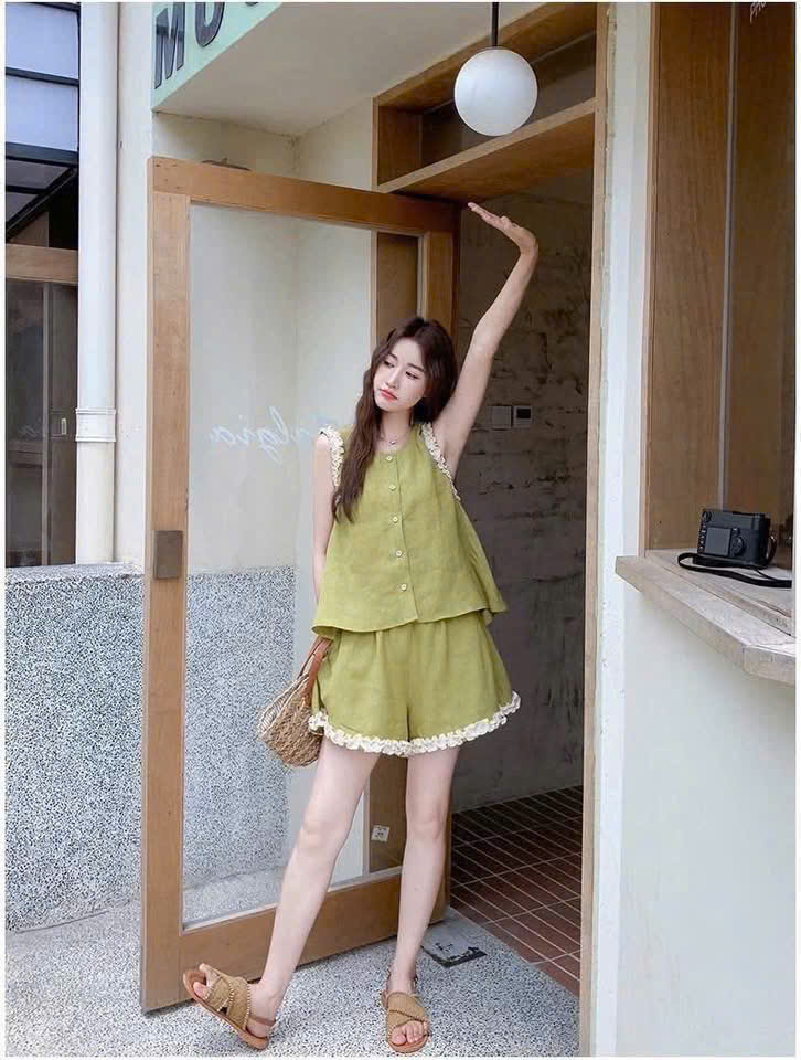 S363 - BỘ ĐŨI NỮ XANH CỐM PHỐI REN TRẮNG SÁT NÁCH