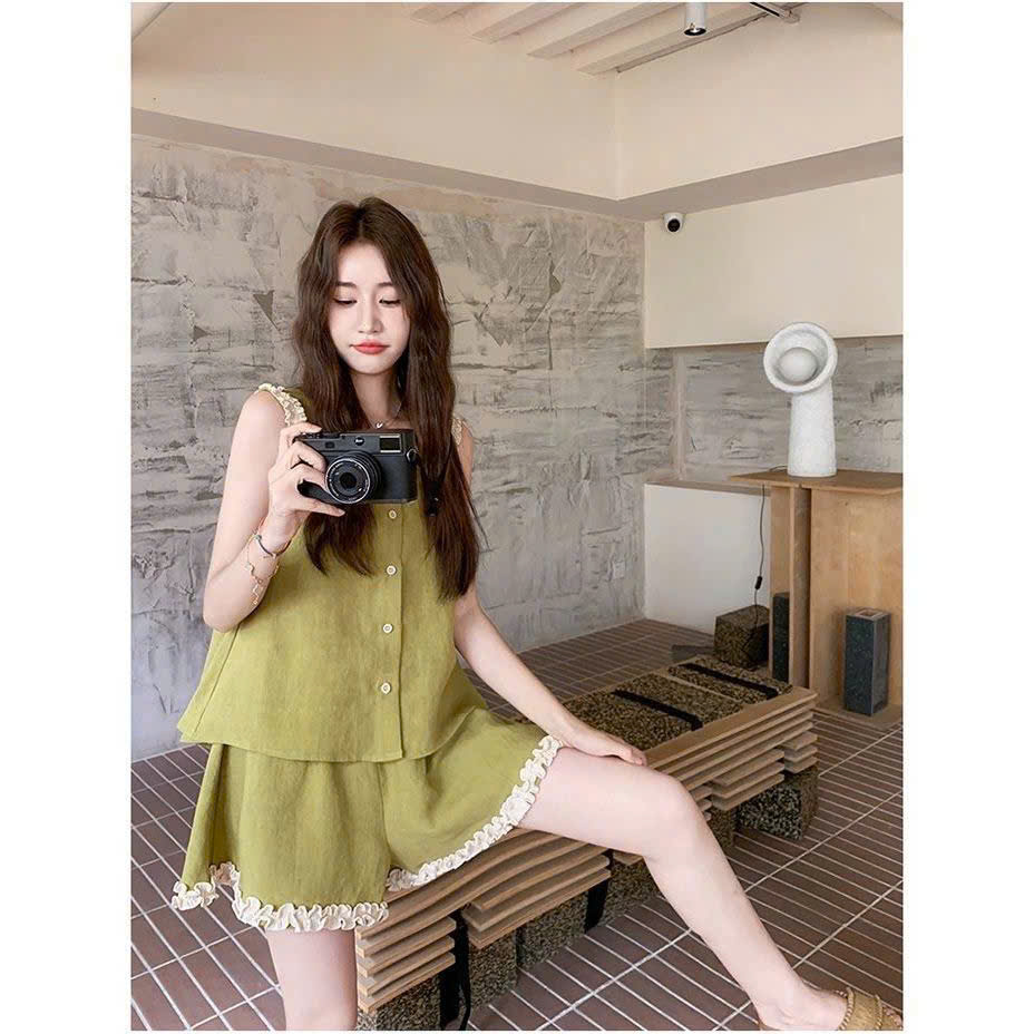 S363 - BỘ ĐŨI NỮ XANH CỐM PHỐI REN TRẮNG SÁT NÁCH