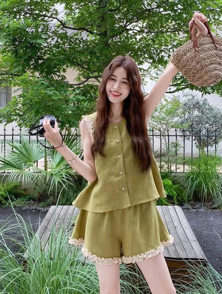 S363 - BỘ ĐŨI NỮ XANH CỐM PHỐI REN TRẮNG SÁT NÁCH