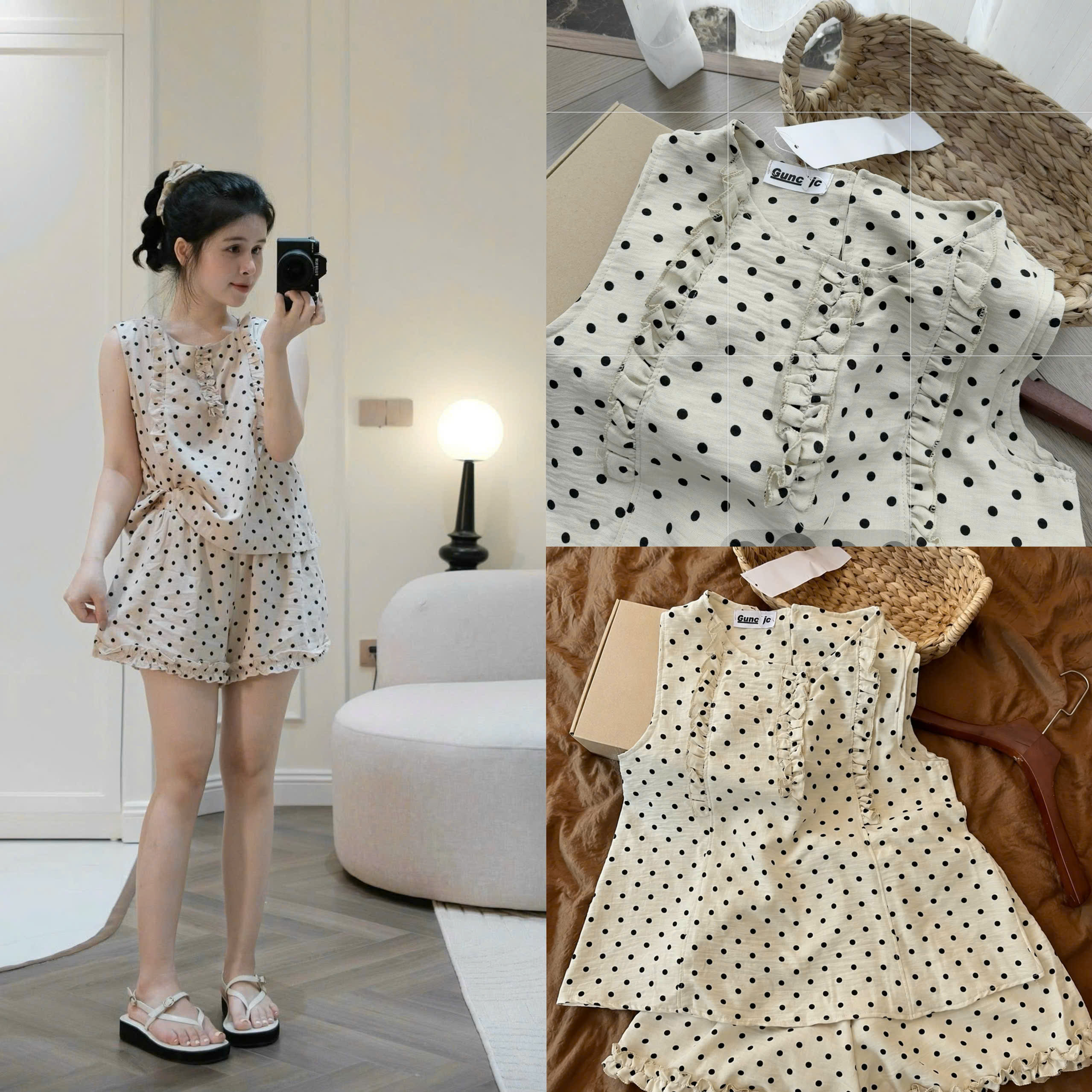 S367 - BỘ ĐÙI ĐŨI NỮ MÀU BE CHẤM BI VIỀN BÈO