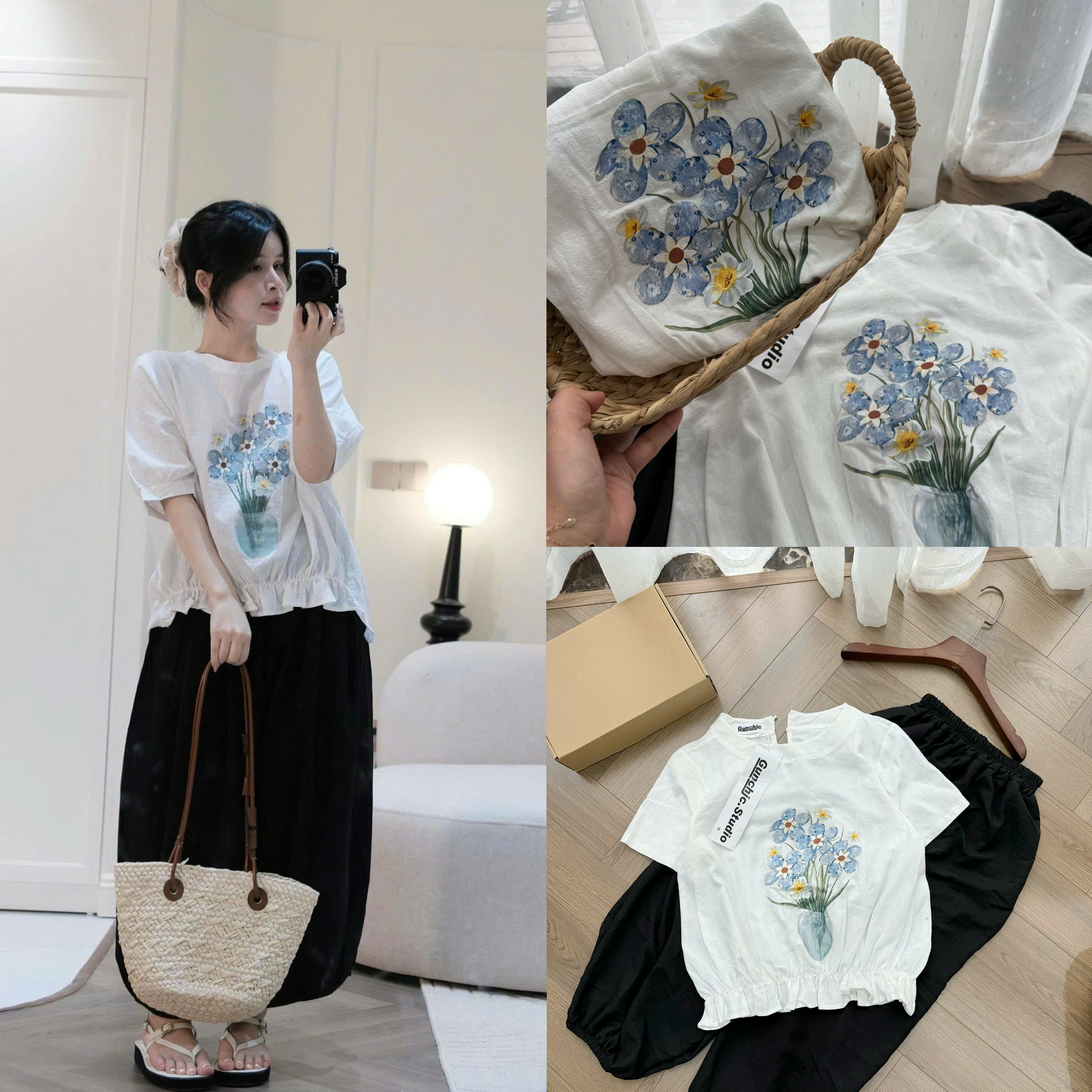 S368 - BỘ ĐŨI TRẮNG CHUN GẤU IN HOA QUẦN BOMBER