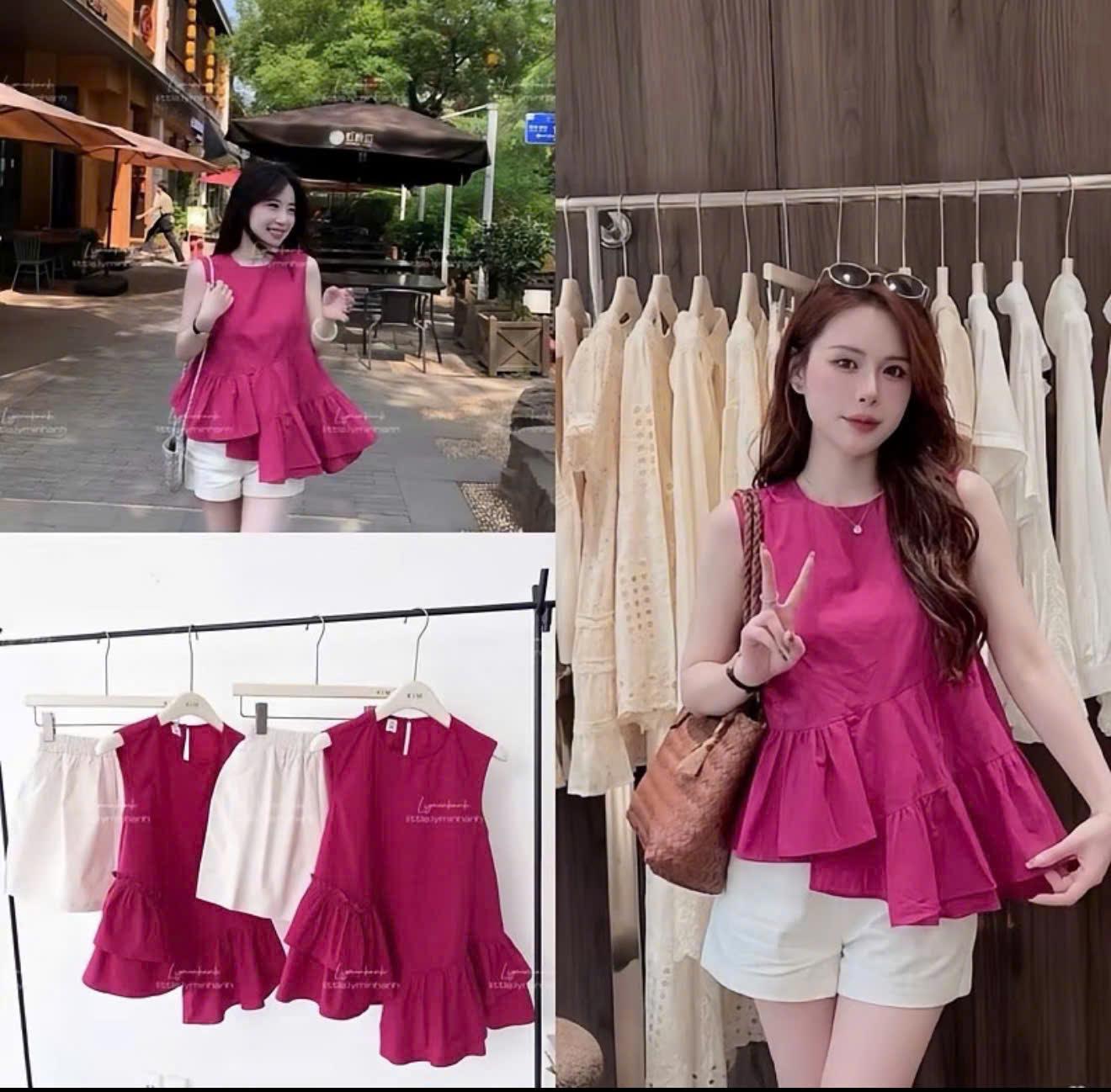 S374 - BỘ ĐÙI NỮ ÁO HỒNG ĐẬM BÈO LỆCH QUẦN ĐŨI TRẮNG