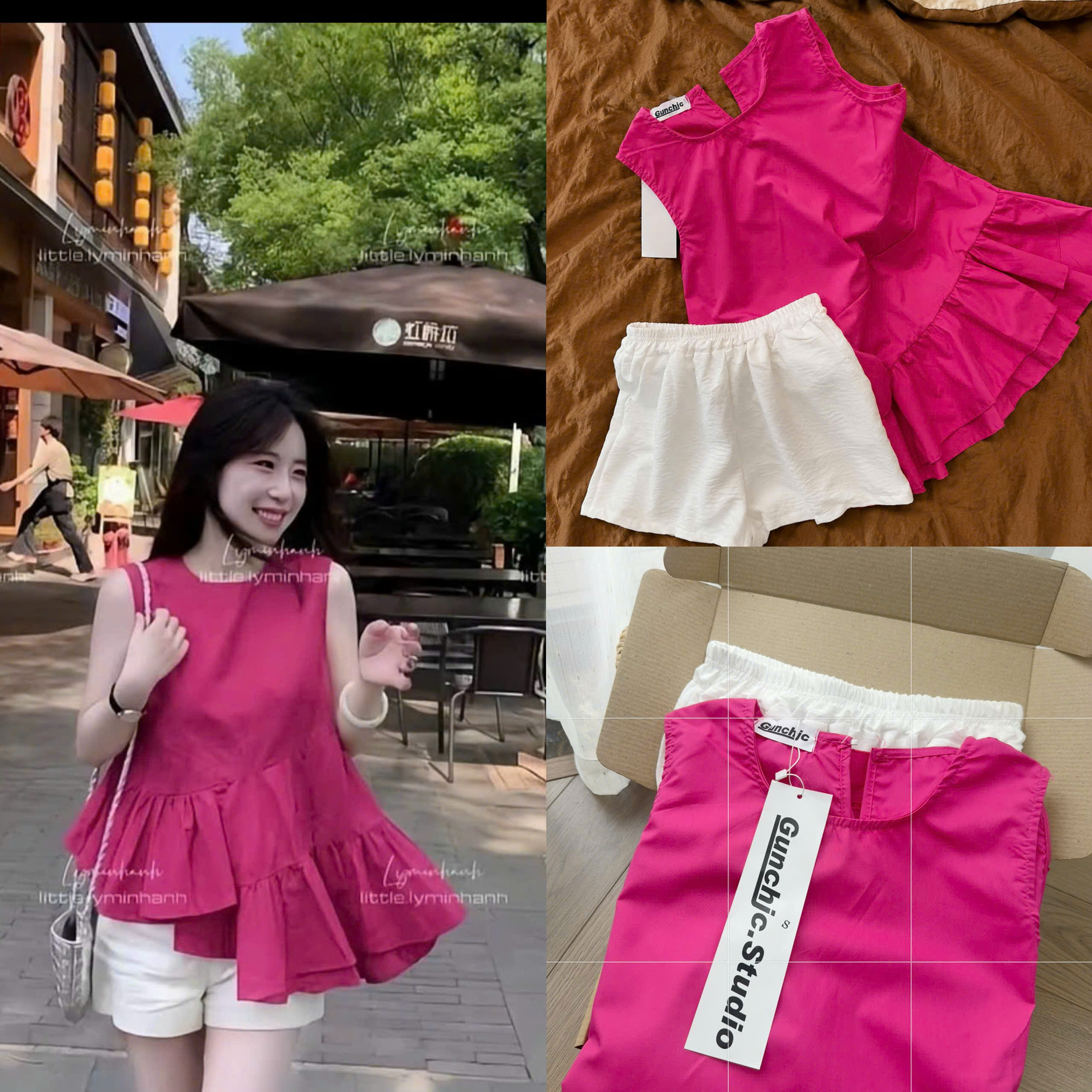 S374 - BỘ ĐÙI NỮ ÁO HỒNG ĐẬM BÈO LỆCH QUẦN ĐŨI TRẮNG