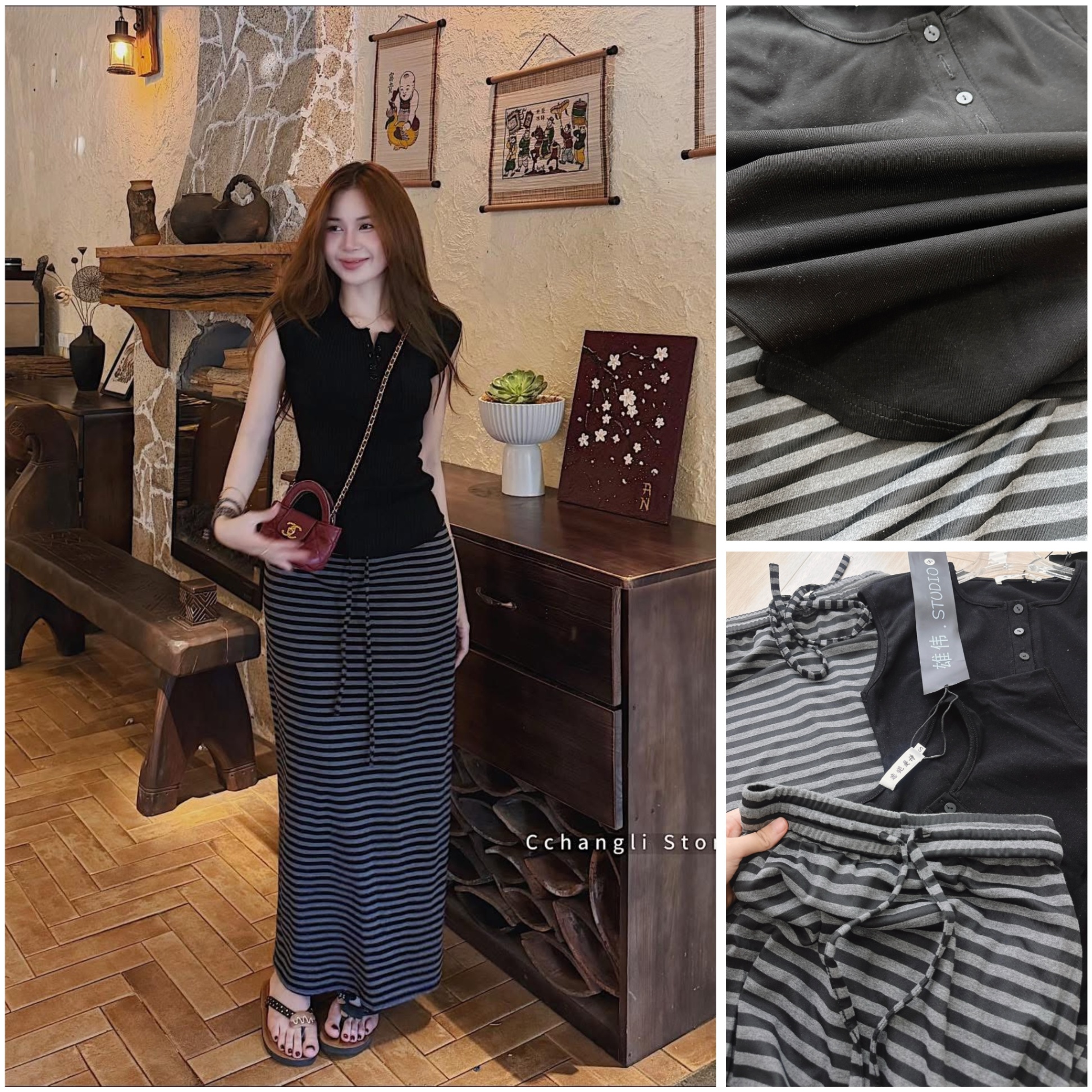 S388 - SET NỮ ÁO ZIP ĐEN CỔ CÚC PHỐI CVAY KẺ NGANG