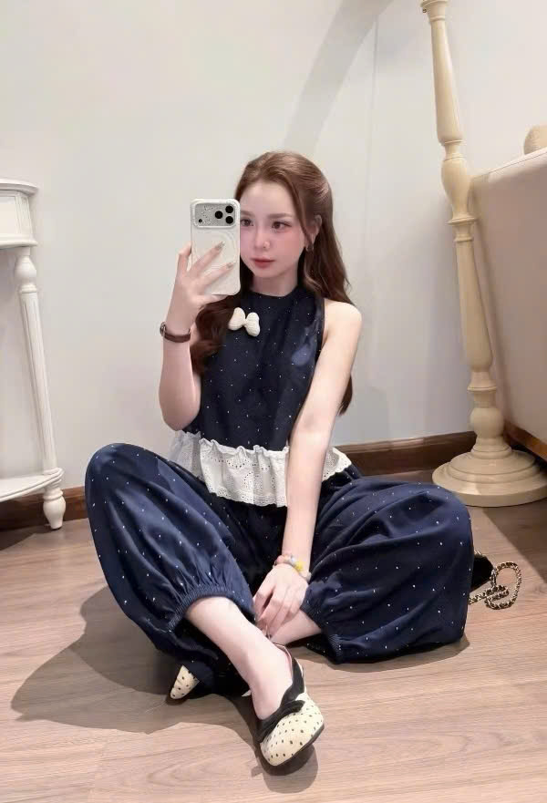 S390 - BỘ ĐŨI THAN CHẤM BI PHỐI REN TRẮNG QUẦN BOMBER