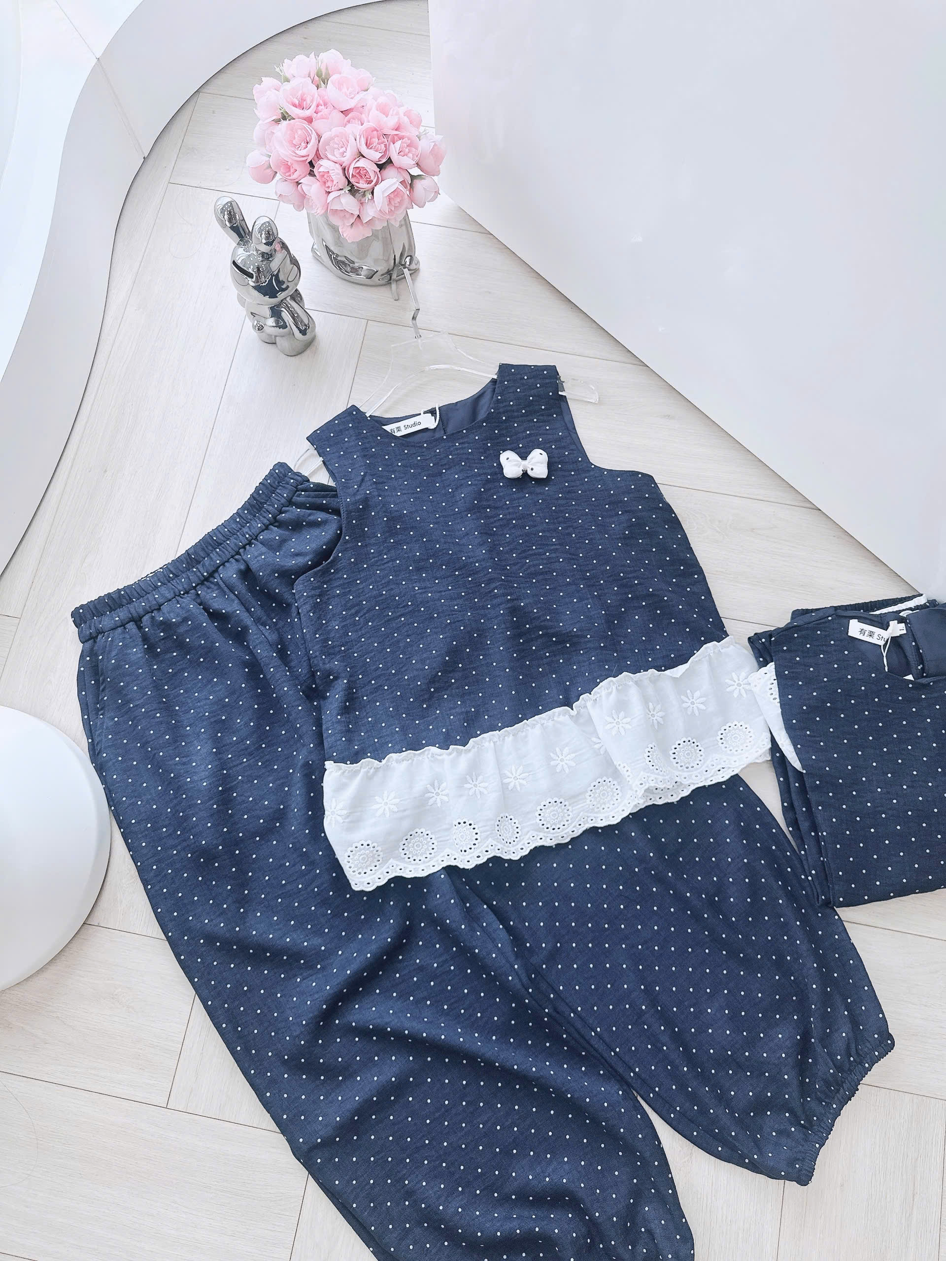 S390 - BỘ ĐŨI THAN CHẤM BI PHỐI REN TRẮNG QUẦN BOMBER