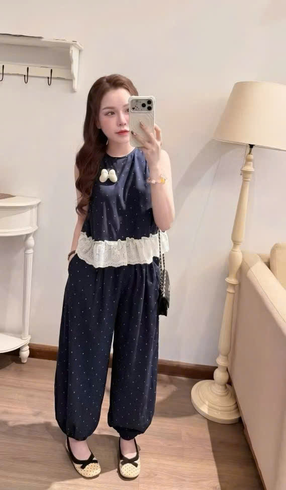 S390 - BỘ ĐŨI THAN CHẤM BI PHỐI REN TRẮNG QUẦN BOMBER