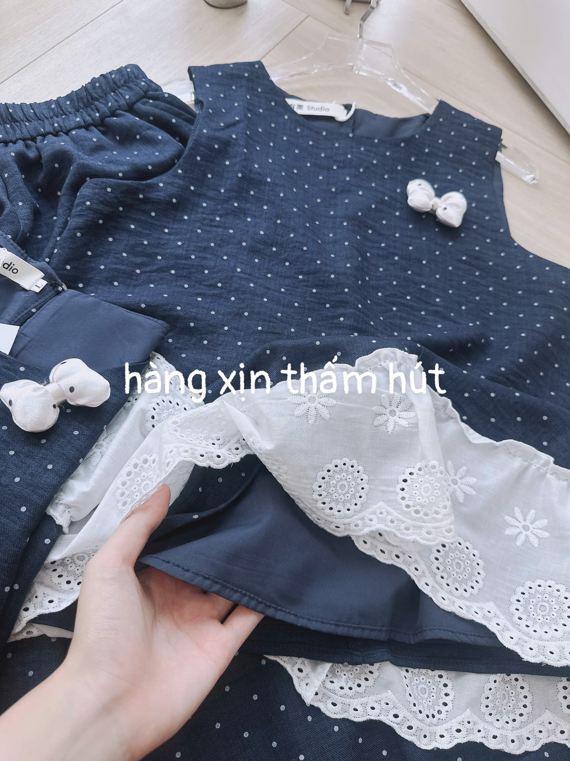 S390 - BỘ ĐŨI THAN CHẤM BI PHỐI REN TRẮNG QUẦN BOMBER