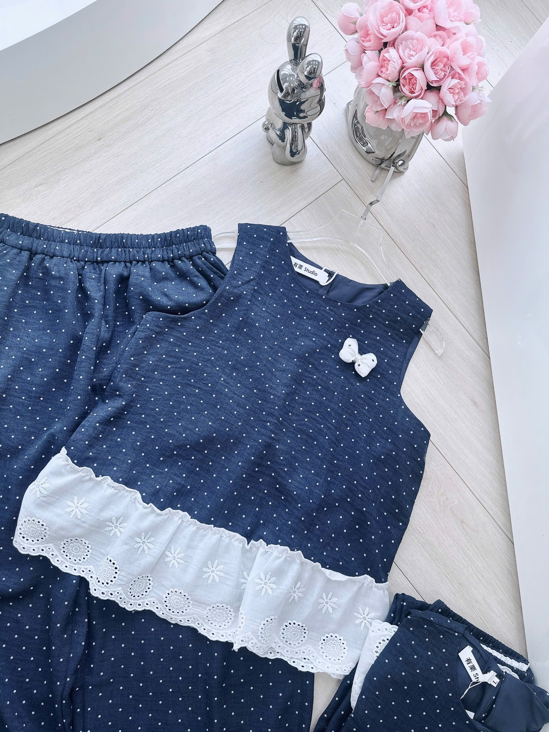 S390 - BỘ ĐŨI THAN CHẤM BI PHỐI REN TRẮNG QUẦN BOMBER