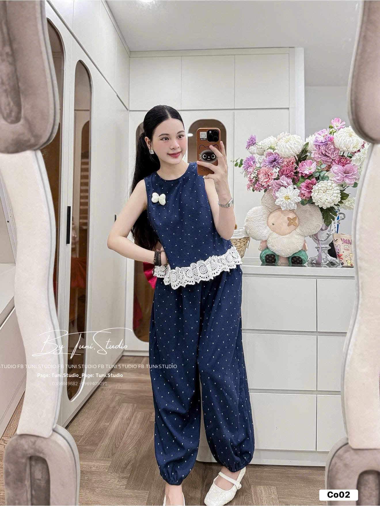 S390 - BỘ ĐŨI THAN CHẤM BI PHỐI REN TRẮNG QUẦN BOMBER