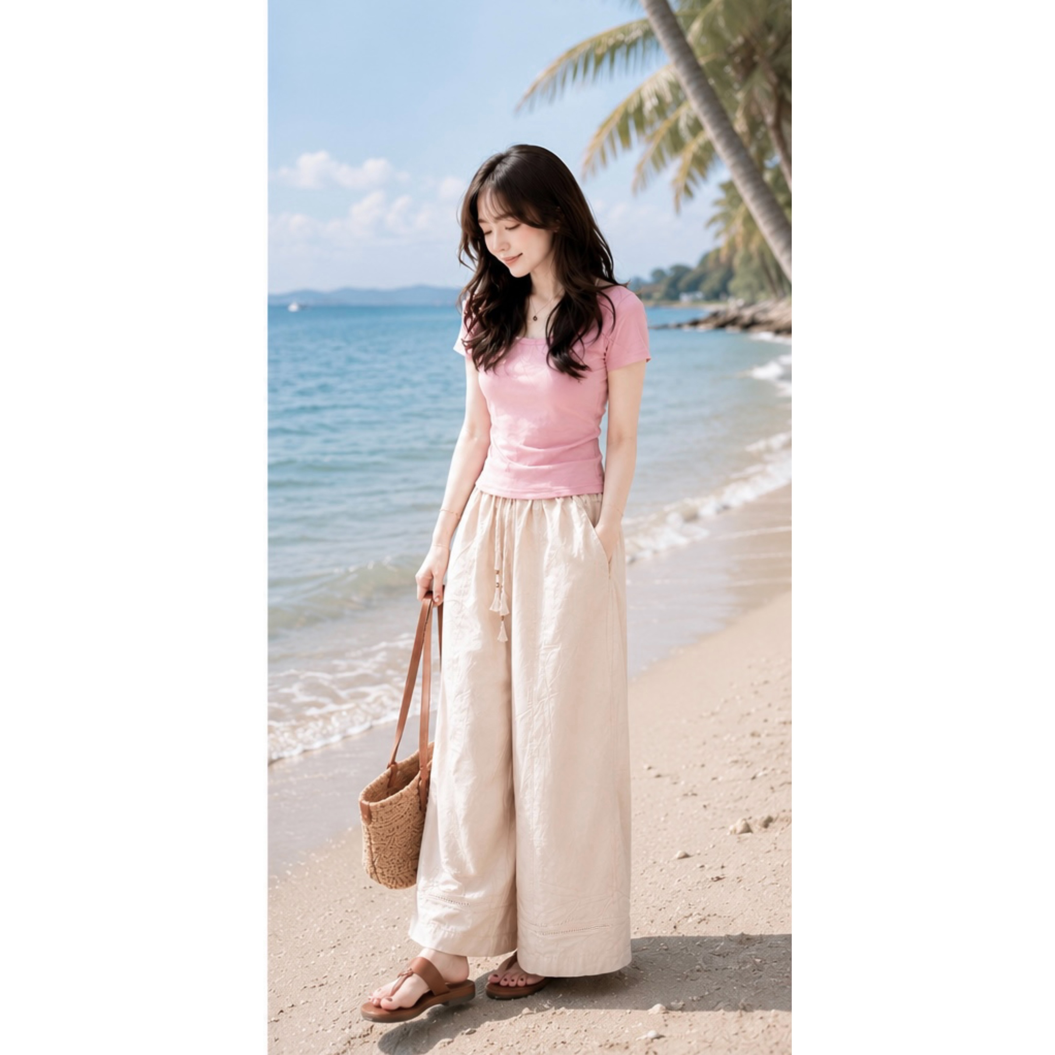 S392 - BỘ NỮ ÁO HỒNG CỔ VUÔNG QUẦN SUÔNG BE