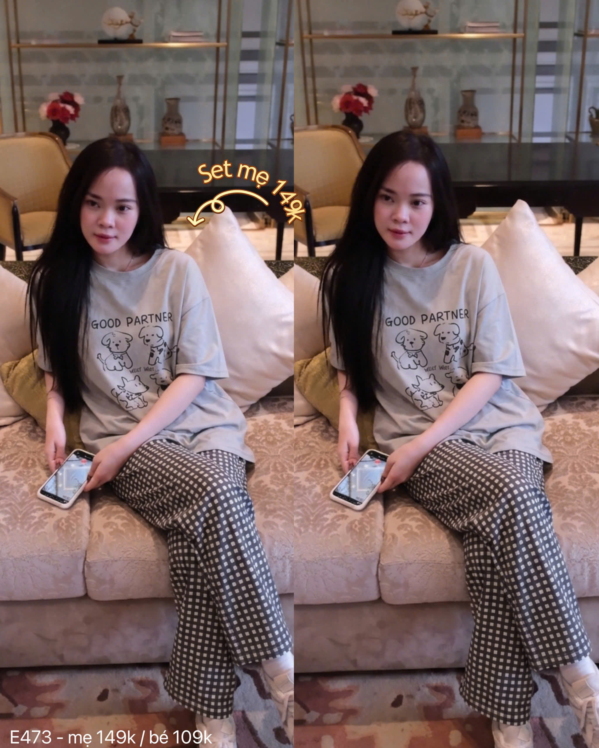 S397 - BỘ ĐÔI MẸ BÉ ÁO XÁM CHÓ GOOD QUẦN CARO
