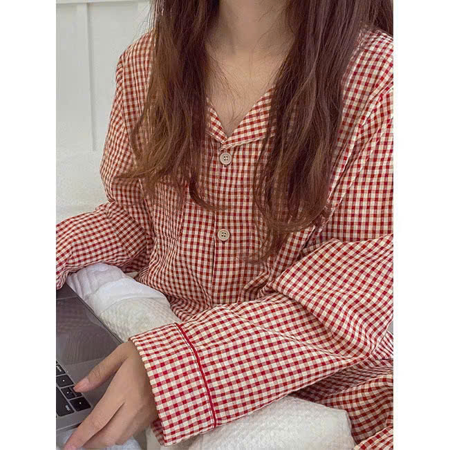 S407 - BỘ PYJAMA NỮ KẺ CARO ĐỎ DÀI TAY