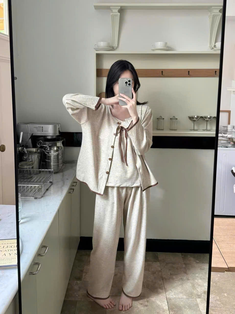 S409 - SET NỮ 3CT TĂM BE VIỀN NÂU ÁO 2S MIX CARDIGAN QUẦN SUÔNG